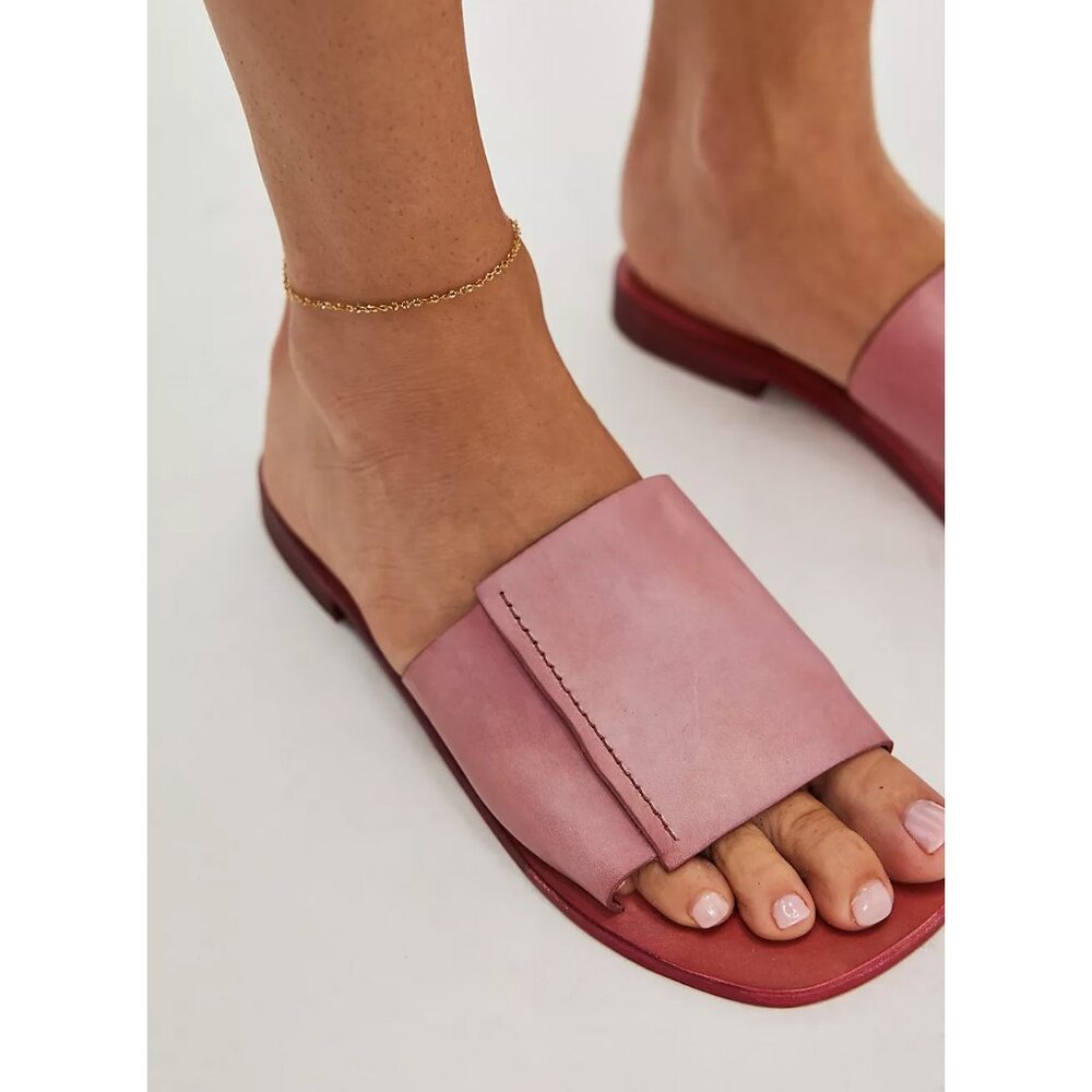 NWT Free People Pink Leather Slide Sandals with Red Sole
